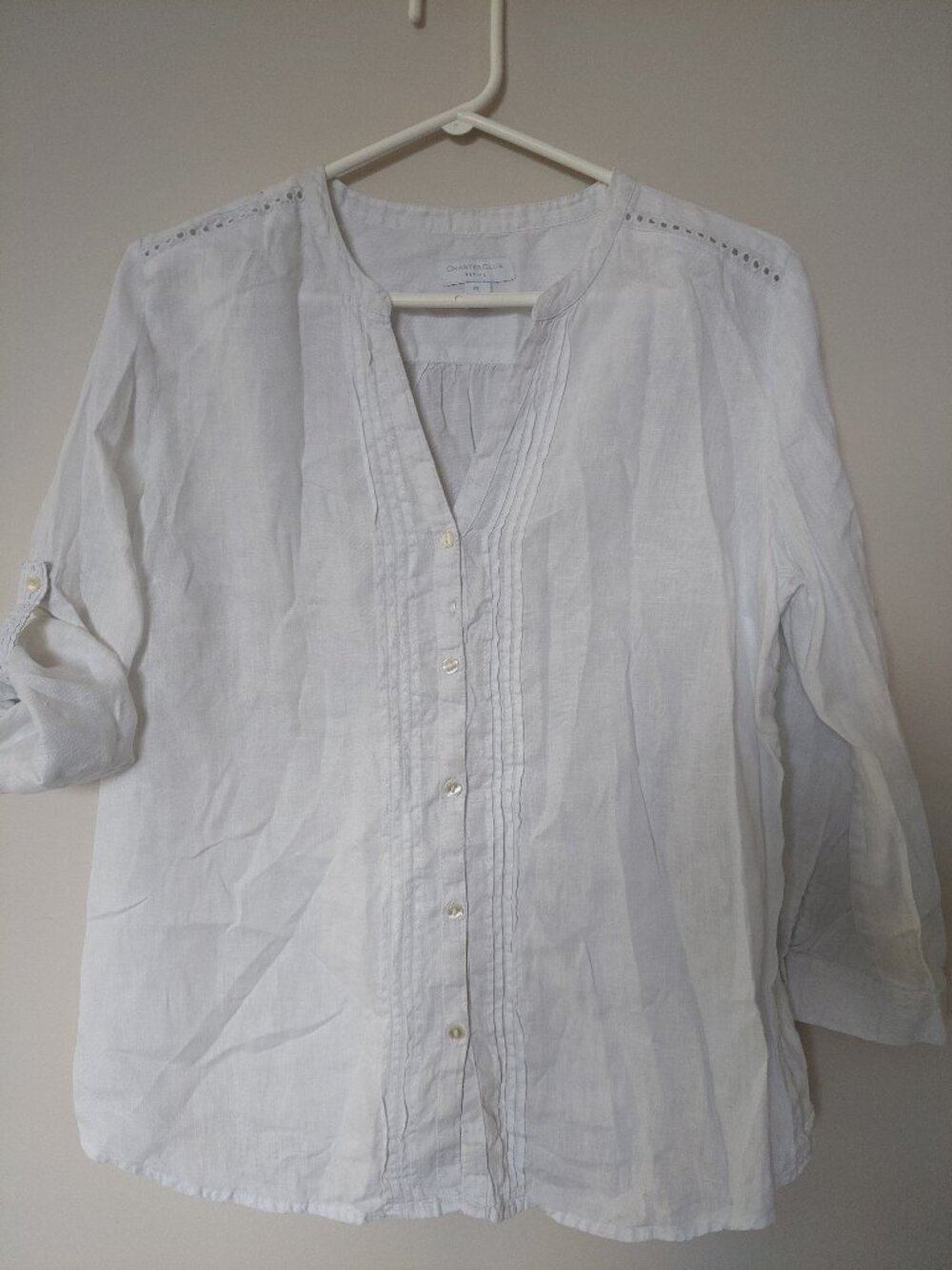 Charter Club Women's L White Linen Blouse Pintuck Detailing Roling Sleeve